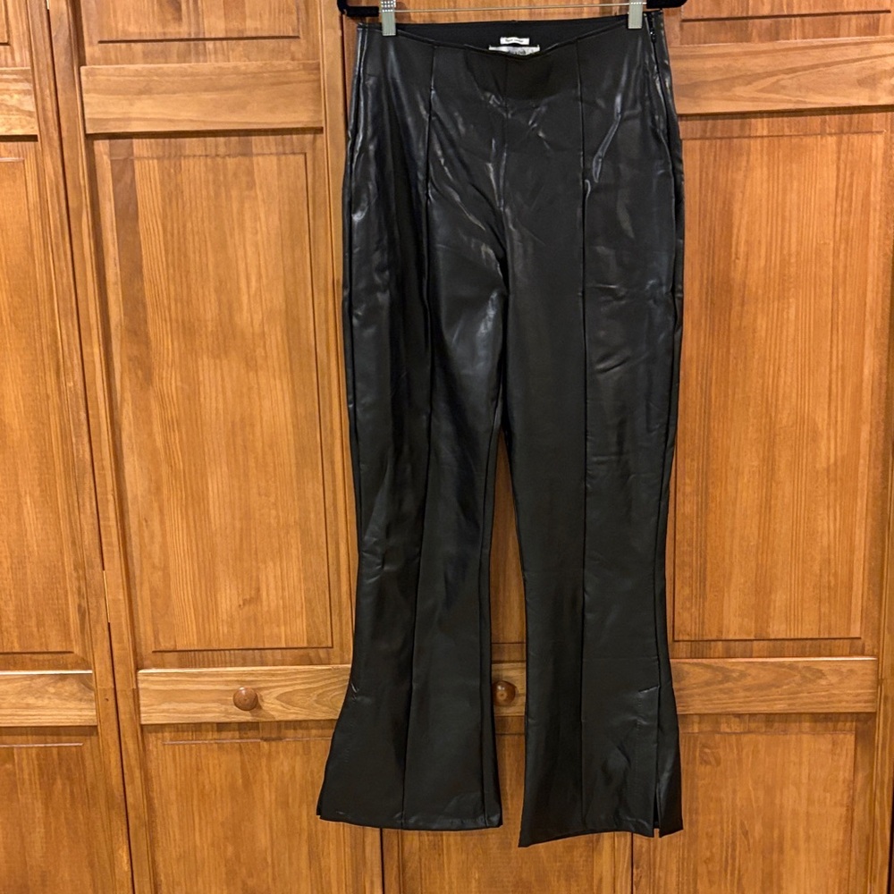 Abercrombie & Fitch Vegan Leather Black Flare Slit Pants Size Large